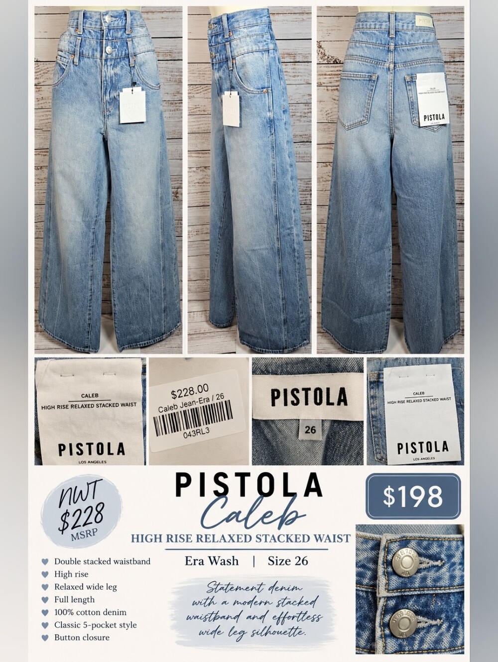 Pistola Caleb High Rise Relaxed Stacked Waist Wide Leg Jeans 26 Era NWT